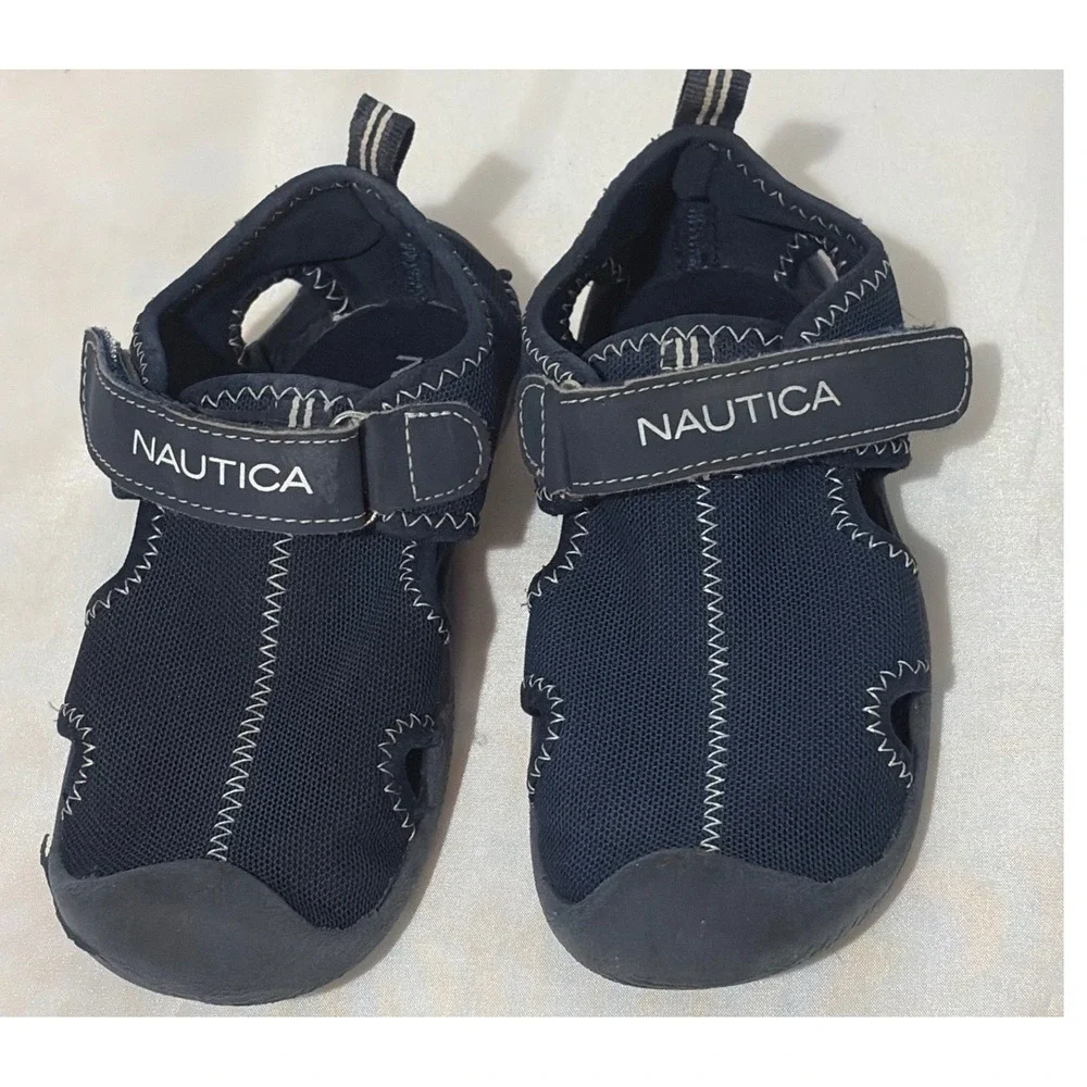 Nautica Boys Navy Blue Mesh Water Sandals Closed Toe Hook Loop Strap Size 10